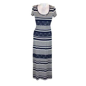 Nurture Striped Maxi Dress With Lace Insets Size L Short Sleeve Scoop Neck